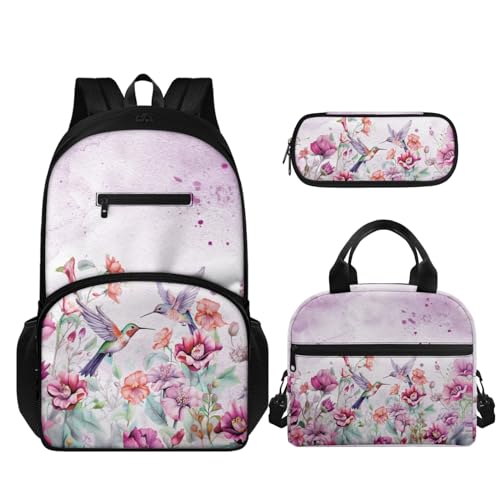 TOADDMOS 3-teiliges Kinder-Rucksack-Set für Mädchen und Jungen, Schultasche mit isoliertem Mittagessen, tragbar und Federmäppchen, Rosa Kolibri-Blume, Schulranzen-Set von TOADDMOS