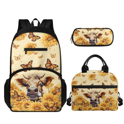 TOADDMOS 3-teiliges Kinder-Rucksack-Set für Mädchen und Jungen, Schultasche mit isoliertem Mittagessen, tragbar und Federmäppchen, Sonnenblume, Kuh, Schmetterling, Schulranzen-Set von TOADDMOS