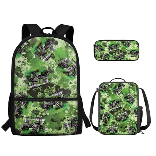 TOADDMOS 3-teiliges Schulrucksack-Set für Kinder, Büchertasche + isolierte Lebensmittelbox + Federmäppchen mit Reißverschluss, Bagger, Rucksack, Rucksäcke von TOADDMOS