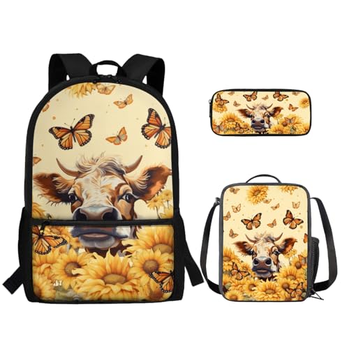 TOADDMOS 3-teiliges Schulrucksack-Set für Kinder, Büchertasche + isolierte Lebensmittelbox + Federmäppchen mit Reißverschluss, Sonnenblume, Kuh, Schmetterling, Rucksack, Rucksäcke von TOADDMOS