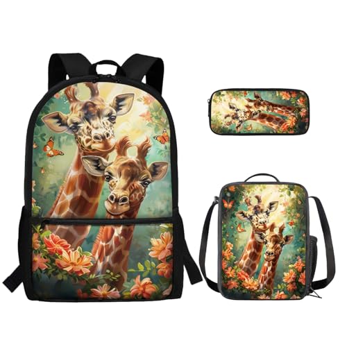 TOADDMOS 3-teiliges Schulrucksack-Set für Kinder, Büchertasche + isolierte Lebensmittelbox + Federmäppchen mit Reißverschluss, giraffe, Rucksack, Rucksäcke von TOADDMOS