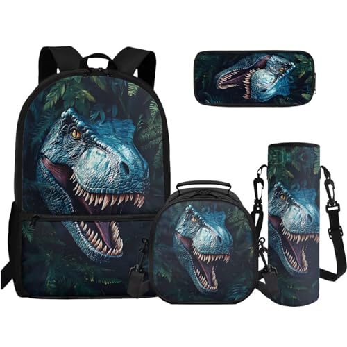 TOADDMOS 4-in-1 Büchertaschen-Set High School Middle Bookbag Federmäppchen Wasserflasche Sling Bag für Teenager Mädchen Jungen Grundschule Junior Mittelschule, 3D-Dinosaurier-Farn, Rucksack Rucksäcke von TOADDMOS