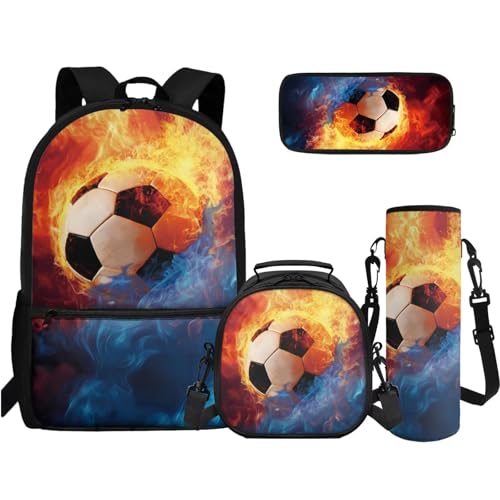 TOADDMOS 4-in-1 Büchertaschen-Set High School Middle Bookbag Federmäppchen Wasserflasche Sling Bag für Teenager Mädchen Jungen Grundschule Junior Mittelschule, Feuerfußball, Rucksack Rucksäcke von TOADDMOS