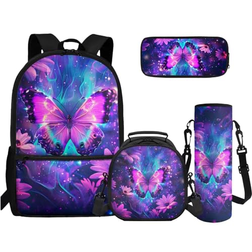 TOADDMOS 4-in-1 Büchertaschen-Set High School Middle Bookbag Federmäppchen Wasserflasche Sling Bag für Teenager Mädchen Jungen Grundschule Junior Mittelschule, Feuerschmetterling Gänseblümchen von TOADDMOS