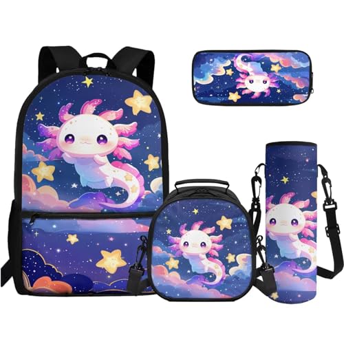 TOADDMOS 4-in-1 Büchertaschen-Set High School Middle Bookbag Federmäppchen Wasserflasche Sling Bag für Teenager Mädchen Jungen Grundschule Junior Mittelschule, Galaxy Space Axolotl Stars, Rucksack von TOADDMOS