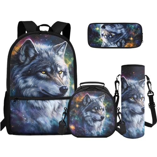 TOADDMOS 4-in-1 Büchertaschen-Set High School Middle Bookbag Federmäppchen Wasserflasche Sling Bag für Teenager Mädchen Jungen Grundschule Junior Mittelschule, Galaxy Space Wolf, Rucksack Rucksäcke von TOADDMOS