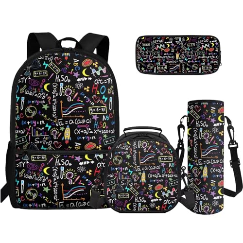 TOADDMOS 4-in-1 Büchertaschen-Set High School Middle Bookbag Federmäppchen Wasserflasche Sling Bag für Teenager Mädchen Jungen Grundschule Junior Mittelschule, Mathematische Geometrie, Rucksack von TOADDMOS