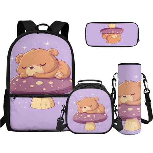 TOADDMOS 4-in-1 Büchertaschen-Set High School Middle Bookbag Federmäppchen Wasserflasche Sling Bag für Teenager Mädchen Jungen Grundschule Junior Mittelschule, Niedlicher Bärenpilz, Rucksack Rucksäcke von TOADDMOS