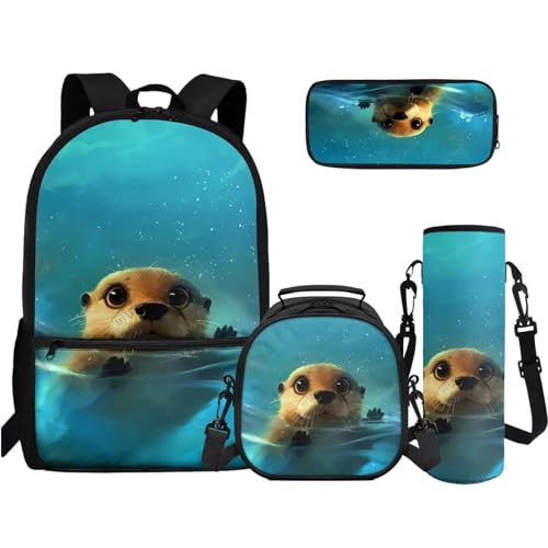 TOADDMOS 4-in-1 Büchertaschen-Set High School Middle Bookbag Federmäppchen Wasserflasche Sling Bag für Teenager Mädchen Jungen Grundschule Junior Mittelschule, Niedlicher Bankbiber, Rucksack Rucksäcke von TOADDMOS