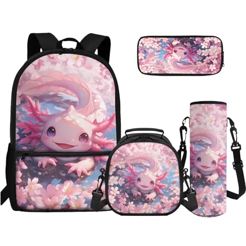 TOADDMOS 4-in-1 Büchertaschen-Set High School Middle Bookbag Federmäppchen Wasserflasche Sling Bag für Teenager Mädchen Jungen Grundschule Junior Mittelschule, Pink Cherry Blossom Axolotl, Rucksack von TOADDMOS