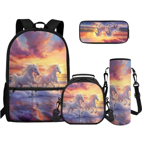 TOADDMOS 4-in-1 Büchertaschen-Set High School Middle Bookbag Federmäppchen Wasserflasche Sling Bag für Teenager Mädchen Jungen Grundschule Junior Mittelschule, Strandpferde, Rucksack Rucksäcke von TOADDMOS