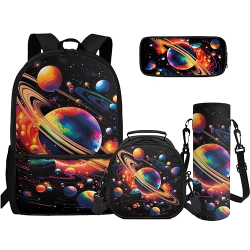 TOADDMOS 4-in-1 Büchertaschen-Set High School Middle Bookbag Federmäppchen Wasserflasche Sling Bag für Teenager Mädchen Jungen Grundschule Junior Mittelschule, Universum Planeten, Rucksack Rucksäcke von TOADDMOS
