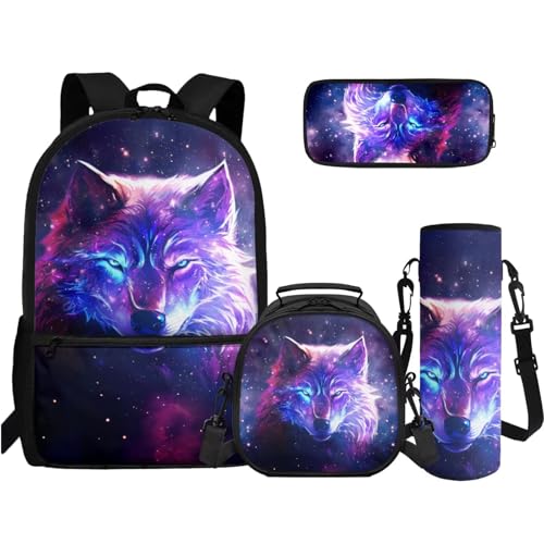 TOADDMOS 4-in-1 Büchertaschen-Set High School Middle Bookbag Federmäppchen Wasserflasche Sling Bag für Teenager Mädchen Jungen Grundschule Junior Mittelschule, Universum Wolf Shine, Rucksack Rucksäcke von TOADDMOS