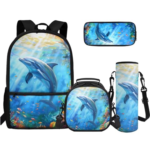 TOADDMOS 4-in-1 Büchertaschen-Set High School Middle Bookbag Federmäppchen Wasserflasche Sling Bag für Teenager Mädchen Jungen Grundschule Junior Mittelschule, Unterwasser-Delfinfische, Rucksack von TOADDMOS