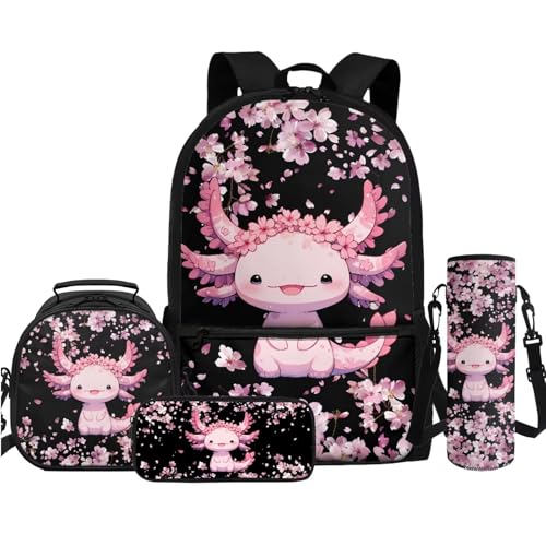 TOADDMOS 4-in-1 Schulrucksack und Lunchtasche für Jungen und Mädchen, Federmäppchen, Wasserflasche, Tragetasche für Kinder, Studenten, Jugendliche, Axolotl Pink Cherry Blossom von TOADDMOS
