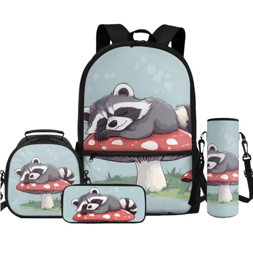 TOADDMOS 4-teiliges Rucksack-Set mit Lunchtasche, Federmäppchen, Wasserflasche, Schultertasche für Kinder, Jungen, Mädchen, Studenten, Schulanfang, Niedlicher Waschbär-Pilz, Rucksack Rucksäcke von TOADDMOS
