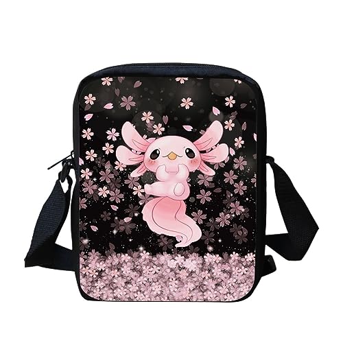 TOADDMOS Baby Kätzchen Denim Kinder Kreuz Jungen Tasche Niedlich Tierdruck Messenger Bag Jungen Mädchen Reißverschluss Crossbody Tasche, Axolotl Kirschblüte von TOADDMOS