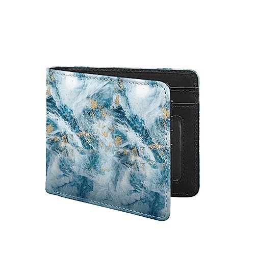 TOADDMOS Benutzerdefinierte Druck Herren PU Leder RFID Blockierung Brieftasche Bifold Brieftaschen für Männer Jungen mit ID Fenster und Kreditkartenfächer, Blau Gold Marmor, Modern von TOADDMOS