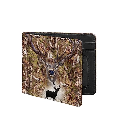 TOADDMOS Individuell bedruckte Herren-Brieftasche, PU-Leder, RFID-blockierend, Bifold Wallets für Männer und Jungen, mit Ausweisfenstern und Kreditkartenfächern, Camo Jagd Hirsch, Modern von TOADDMOS