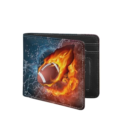 TOADDMOS Benutzerdefinierte Druck Herren PU Leder RFID Blockierung Brieftasche Bifold Brieftaschen für Männer Jungen mit ID Fenster und Kreditkartenfächer, Fire Water Rugby, Modern von TOADDMOS