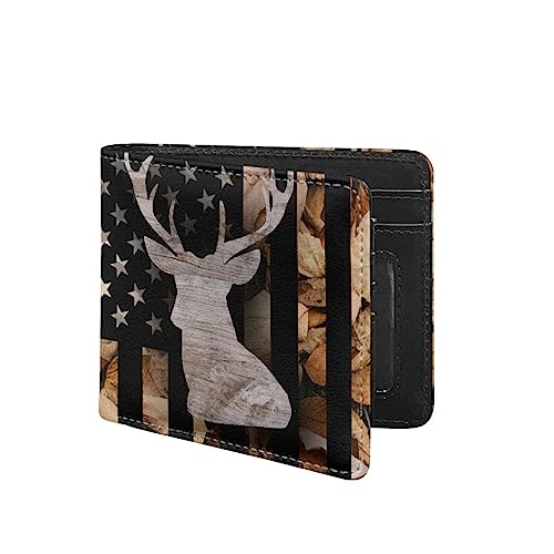 TOADDMOS Benutzerdefinierte Druck Herren PU Leder RFID Blockierung Brieftasche Bifold Brieftaschen für Männer Jungen mit ID Fenster und Kreditkartenfächer, Jagd Camo Deer Us Flagge, Modern von TOADDMOS