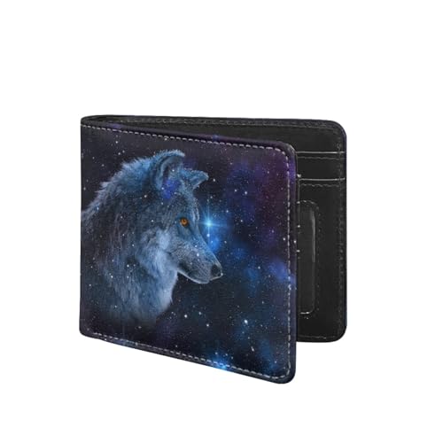 TOADDMOS Benutzerdefinierte Druck Herren PU Leder RFID Blockierung Brieftasche Bifold Brieftaschen für Männer Jungen mit ID Fenster und Kreditkartenfächer, Wolf Galaxie Blau, Modern von TOADDMOS