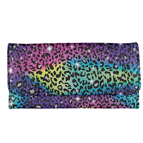 TOADDMOS Fashion Custom Print Damen Lange Geldbörse Weiches PU Leder Trifold Clutch Geldbörse, Regenbogen-Glitzer-Leoparden, Modern von TOADDMOS