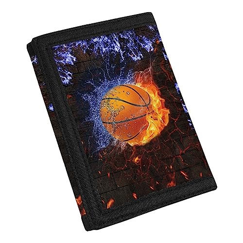 TOADDMOS Fashion Print Canvas Wallet for Teens Kids Boys Girls,Slim RFID Trifold Wallets for Travel School, Wasserfeuer Basketball, Einheitsgröße von TOADDMOS