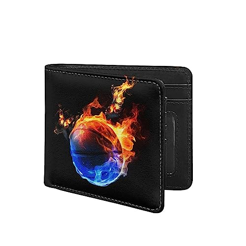 TOADDMOS Fashion Print PU Leder Herren Slim Bi-fold Geldbörse mit Kreditkartenfach und Ausweisfenster, Feuer-Basketball, Modern von TOADDMOS