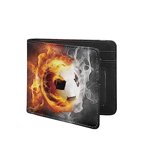 TOADDMOS Fashion Print PU Leder Herren Slim Bi-fold Geldbörse mit Kreditkartenfach und Ausweisfenster, Fire Soccer, Modern von TOADDMOS