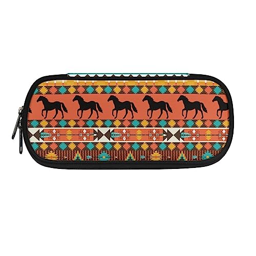 TOADDMOS Federmäppchen mit Aufdruck für Jungen und Mädchen, tragbare Schreibwaren-Organizer-Tasche für die Schule, Pferd Azteken Geometrisch, Einheitsgröße, Beauty Case von TOADDMOS