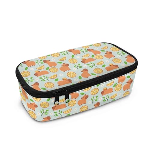 TOADDMOS Federmäppchen mit großem Fassungsvermögen für Mädchen, Kinder, Damen, Herren, Schreibtisch-Organizer, Erwachsene, Stiftemäppchen mit 3 Fächern für Schulbedarf, Cartoon Kapibala Zitrone von TOADDMOS