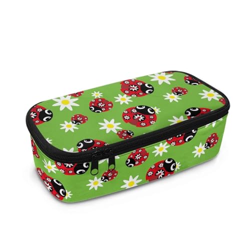 TOADDMOS Federmäppchen mit großem Fassungsvermögen für Mädchen, Kinder, Damen, Herren, Schreibtisch-Organizer, Erwachsene, Stiftemäppchen mit 3 Fächern für Schulbedarf, Cartoon-Marienkäfer-Blumen von TOADDMOS