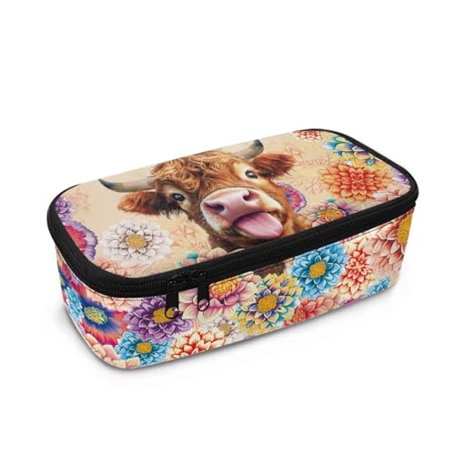 TOADDMOS Federmäppchen mit großem Fassungsvermögen für Mädchen, Kinder, Damen, Herren, Schreibtisch-Organizer, Erwachsene, Stiftemäppchen mit 3 Fächern für Schulbedarf, Hochlandkuh im Boho-Stil mit von TOADDMOS