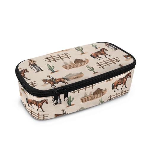 TOADDMOS Federmäppchen mit großem Fassungsvermögen für Mädchen, Kinder, Damen, Herren, Schreibtisch-Organizer, Erwachsene, Stiftemäppchen mit 3 Fächern für Schulbedarf, Western Cowboy Kaktus Zaun von TOADDMOS