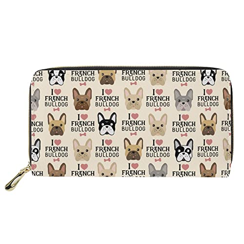 TOADDMOS Grau Leopardenmuster Damen Geldbörse Leder Reißverschluss Around Geldbörse Lange Geldbörse RFID-blockierender Reißverschluss Handy Geldbörse, Französische Bulldogge, Casual von TOADDMOS