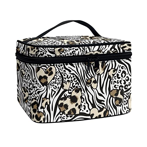 TOADDMOS Große Make-up-Organizer-Tasche, niedlich, bedruckt, tragbar, für Reisen, Kosmetiktasche, Zugkoffer für Damen, Zebra Leopard Love von TOADDMOS