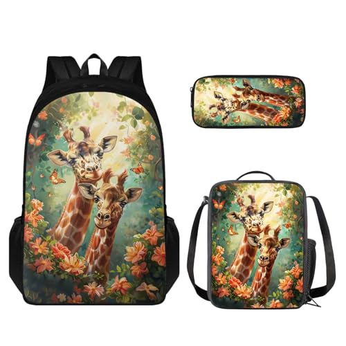 TOADDMOS Kinder-Rucksack mit Lunch-Tasche, Federmäppchen, 3-teiliges Set für Grundschüler, giraffe, Rucksack, Rucksäcke von TOADDMOS