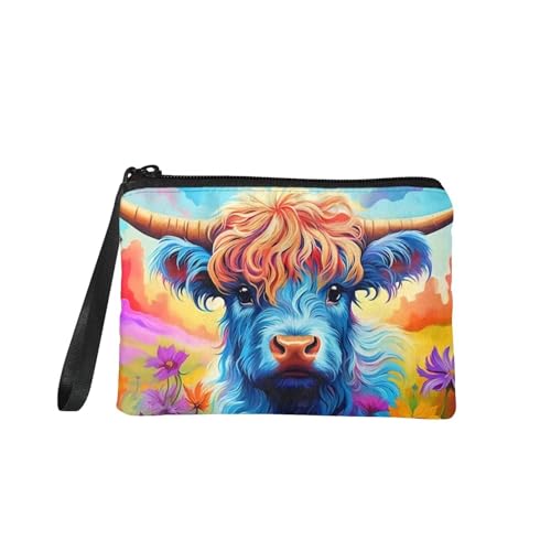 TOADDMOS Kleine Geldbörse mit Meerjungfrauen-Motiv, Fischschuppen-Druck, Kleingeldbörse, Mini-Geldbörse, Münztasche mit Reißverschluss für Frauen und Mädchen, Blaue Hochlandkuh, 7in x 5.5in, von TOADDMOS