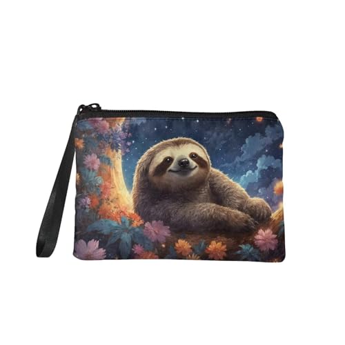 TOADDMOS Kleine Geldbörse mit Meerjungfrauen-Motiv, Fischschuppen-Druck, Kleingeldbörse, Mini-Geldbörse, Münztasche mit Reißverschluss für Frauen und Mädchen, Faultier Blume Mond, 7in x 5.5in, von TOADDMOS