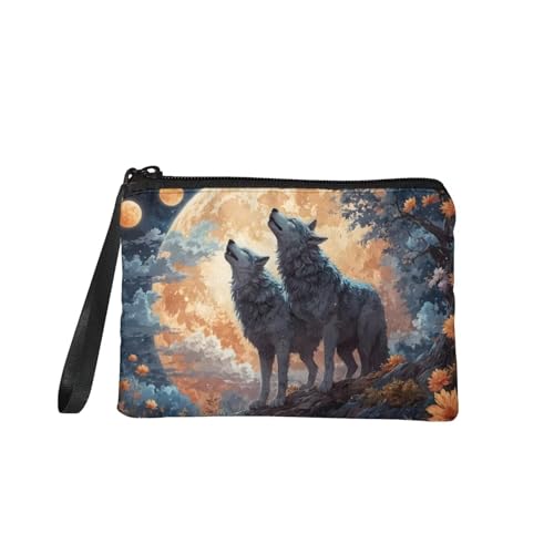 TOADDMOS Kleine Geldbörse mit Meerjungfrauen-Motiv, Fischschuppen-Druck, Kleingeldbörse, Mini-Geldbörse, Münztasche mit Reißverschluss für Frauen und Mädchen, Mond, Tierwolf, 7in x 5.5in, Münztasche von TOADDMOS