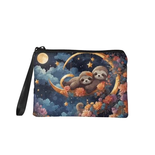 TOADDMOS Kleine Geldbörse mit Meerjungfrauen-Motiv, Fischschuppen-Druck, Kleingeldbörse, Mini-Geldbörse, Münztasche mit Reißverschluss für Frauen und Mädchen, Mond-Faultier-Blume, 7in x 5.5in, von TOADDMOS