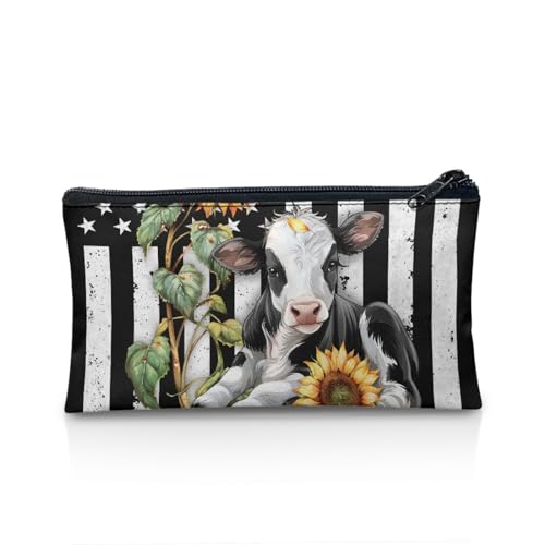 TOADDMOS Kleines Federmäppchen, Schule, Bürobedarf, Schreibwaren, Make-up-Tasche, Aufbewahrungs-Organizer für Frauen und Mädchen, USA-Flagge, Sonnenblumenkuh, Taschen-Organizer von TOADDMOS