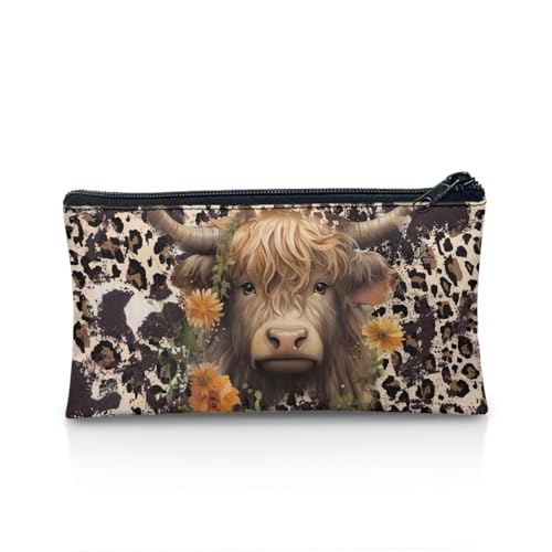 TOADDMOS Kleines Federmäppchen mit Reißverschluss für Kinder, Jungen, Mädchen, Kulturbeutel, Organizer, Aufbewahrungstasche, Hochlandkuh Leopard, Taschen-Organizer von TOADDMOS