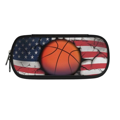 TOADDMOS Leichtes Federmäppchen für Kinder, Mädchen, Jungen, mit Reißverschluss, für Schule, Schreibwaren, Organizer-Tasche, Basketball mit USA-Flagge, Einheitsgröße, Kosmetikkoffer von TOADDMOS