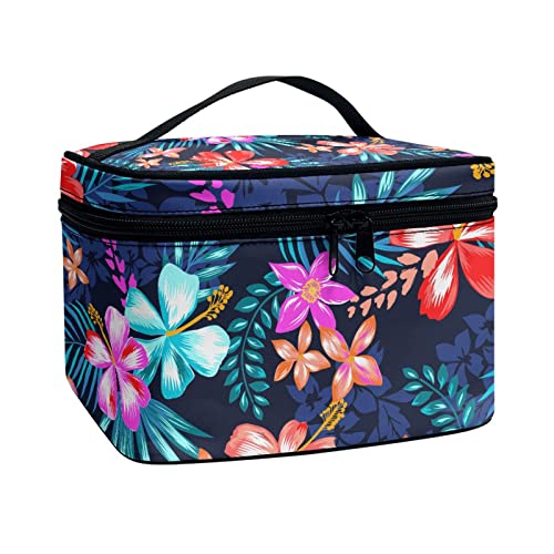 TOADDMOS Make-up-Tasche mit individuellem Druck, große Reise-Kosmetiktasche, Organizer, Zugkoffer für Frauen, Hibiskusblütenblätter, marineblau von TOADDMOS