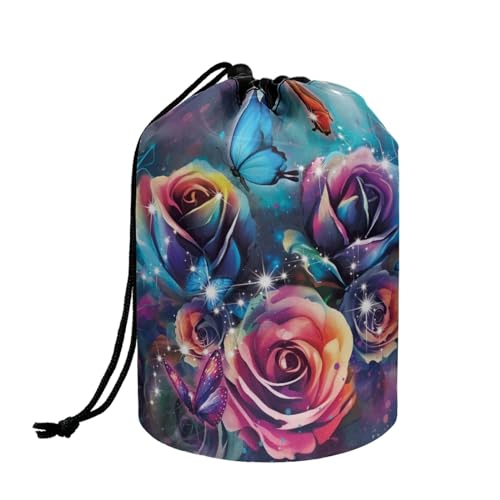 TOADDMOS Maßgeschneiderte Druck Kordelzug Make-up Tasche Reise Kosmetik Kulturbeutel Organizer Tasche für Frauen Mädchen, Leichte Multifunktionale Aufbewahrungstasche, Bunte Rose Schmetterling, von TOADDMOS