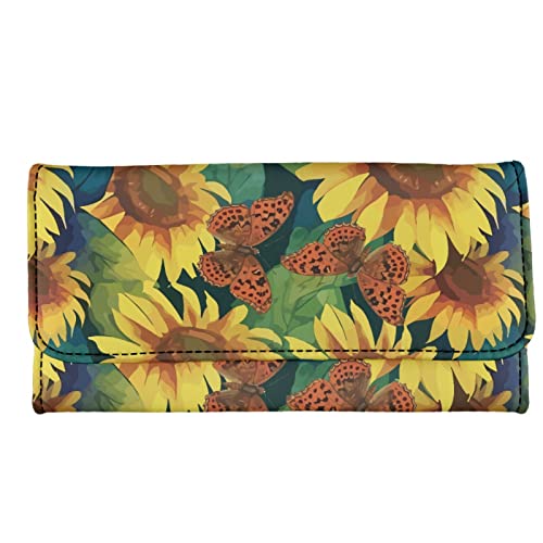 TOADDMOS Modischer Druck Damen Lange Geldbörse Weich PU Leder Trifold Clutch Geldbörse, Retro Sonnenblume Schmetterling, Modern von TOADDMOS