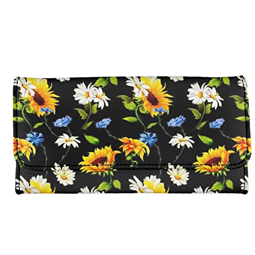 TOADDMOS Modischer Druck Damen Lange Geldbörse Weich PU Leder Trifold Clutch Geldbörse, Retro-Sonnenblumen-Gänseblümchen, Modern von TOADDMOS