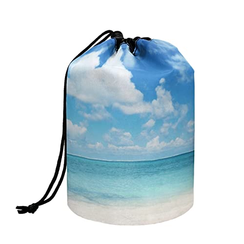 TOADDMOS Modischer Druck Kordelzug Reise Make-up Tasche Kulturbeutel Kosmetik Organizer Tasche für Frauen Mädchen Fass geformte Aufbewahrungstasche, Blue Sky Beach, Einheitsgröße, Kosmetikkoffer von TOADDMOS